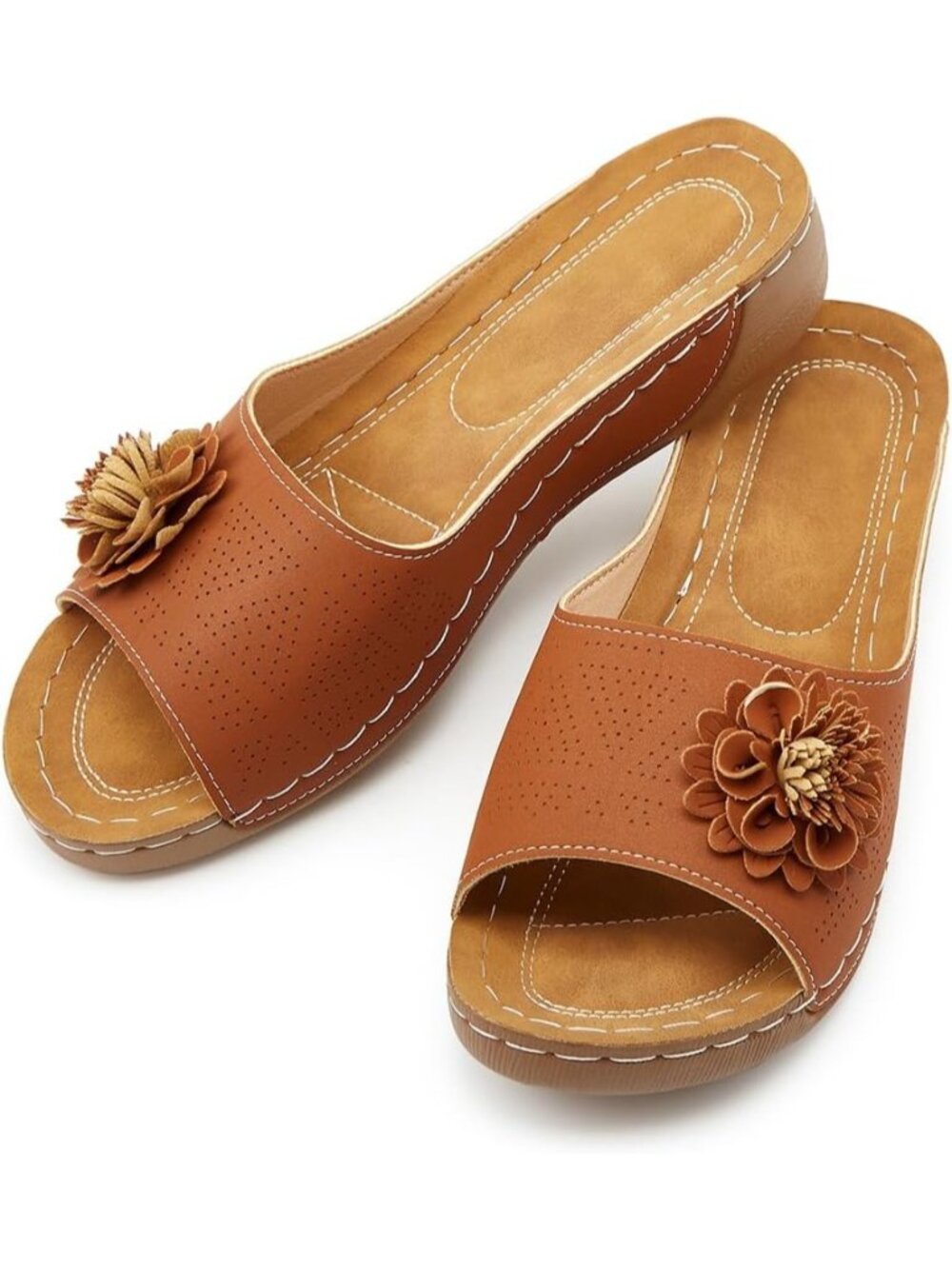 Women's Brown Summer Beach Sandals Wedge Low Open Toe Slides Slipper Casual